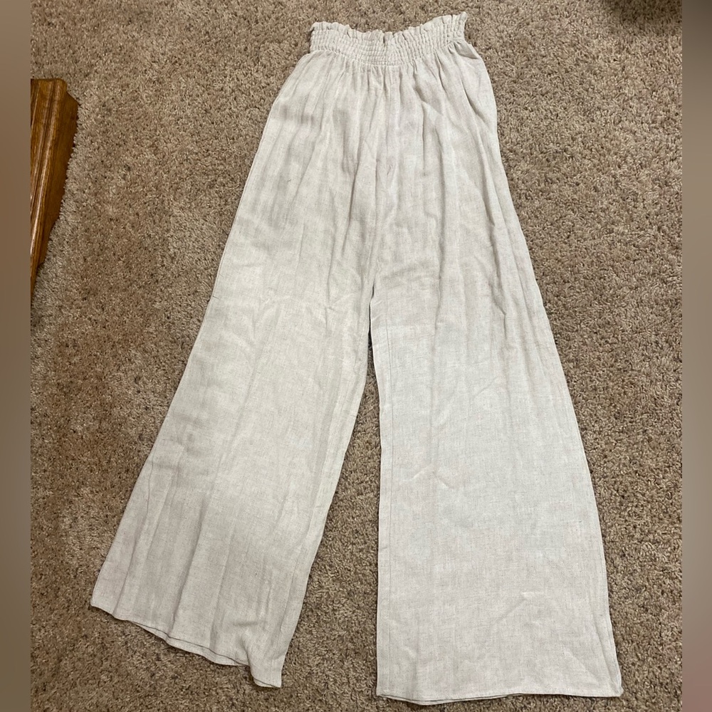 Pink Lily Neutral Beige Linen-Blend Pants